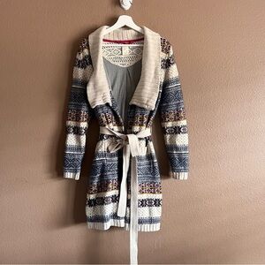 Anthropologie Cream and Gray Long Open-Front Cardigan with Belt Size M/L